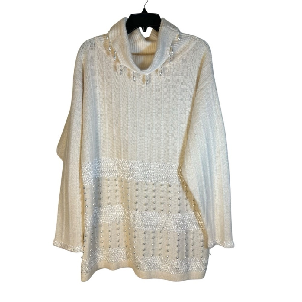 Vintage L'Eau Vive Sz M Cream Pearl Embellished Sweater Lambswool Angora Rabbit